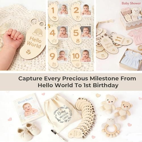 DegoCyhton Monthly Milestone Signs, Wooden baby monthly milestone Cards, Birth Announcement Sign for New Baby, Hello World Newborn Sign, 0-12 Months Newborn Photo Prop, with Drawstring Canvas Bag - Thumbnail 4