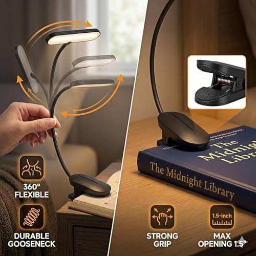Clip-On Book Light for Reading at Night - Rechargeable 14 LEDs with 3 Color Modes & Stepless Dimming, Eye-Care USB-C Charging, 70-Hours, 360° Flexible Gooseneck - Perfect for Books, Bedtime Reading - Thumbnail 5