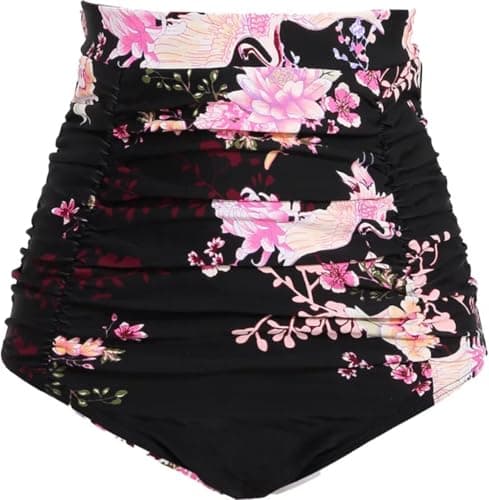 COCOPEAR Women's Ruched High Waisted Bikini Bottom Retro Vintage Swim Short Tankinis Floral 37 4XL