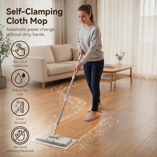 2-in-1 Snap Grip Mini Mop, Hands Free Multi Purpose Flat Mop Cloth Changing with 360° Rotating Head, Zero-Touch Portable for Wall Floor Tile Mirror, Universal Pad Compatibility with Swiffer Pads - Thumbnail 2
