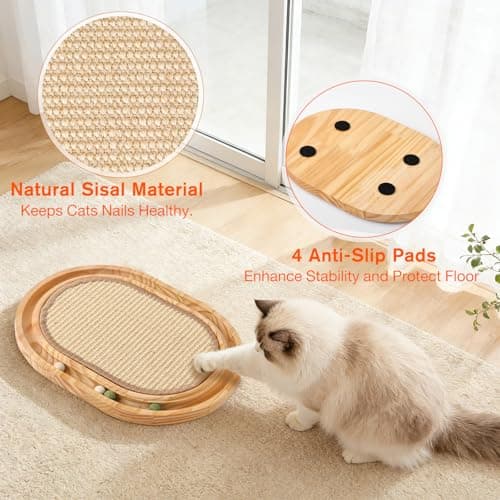 Petjoyi Upgraded Oval Sisal Cat Scratcher with Ball Track - Heavy-Duty Woven Scratching Pad, Interactive Cat Toy with 3 Balls, Extra Durable Wooden Base, 17" L x 13" W x 1.2" H - Thumbnail 6