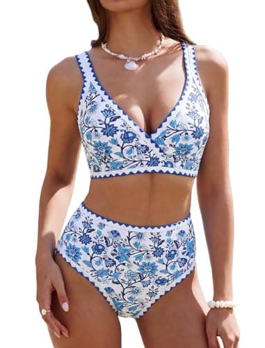 ZAFUL Women's Bikini Sets Floral Print Whip Stitch 2 Piece Swimsuits High Waisted V-Neck Crisscross Back Bathing Suits Blue Medium - Image 1