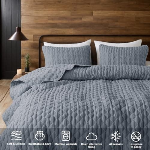 WDCOZY Blue Quilts Queen Size Bedding Sets with 2 Pillow Shams, Lightweight Soft Bedspread Coverlet, Quilted Blanket Thin Comforter Bed Cover for All Season, 3 Pieces, 90x90 inches - Thumbnail 5