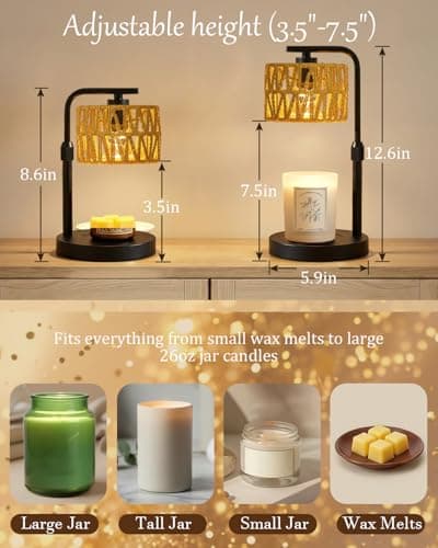 Candle Warmer Lamp, Timer Dimmable Candle Lamp, Adjustable Height and Brightness Candle Warmer, Boho Rattan Lampshade and 2 Bulbs, Suitable for Home Decor, Birthday Gifts for Women Mom (Black) - Thumbnail 5