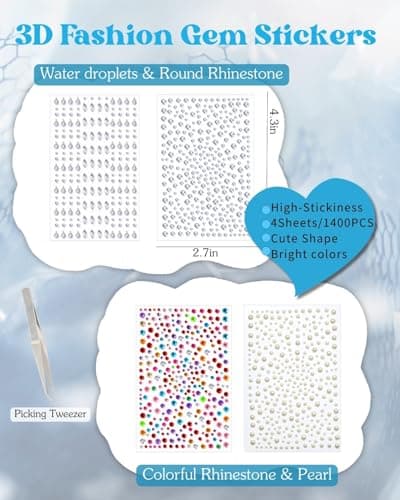 1440pcs Face Glitter Gems Set for Women: 6 Face Body Glitter Gel & 4 Self Adhesive Gem Stickers, Sparkly Rhinestone Stickers Hair Jewels Kit Girls Valentines Party Makeup Accessories (Water Droplets) - Thumbnail 3