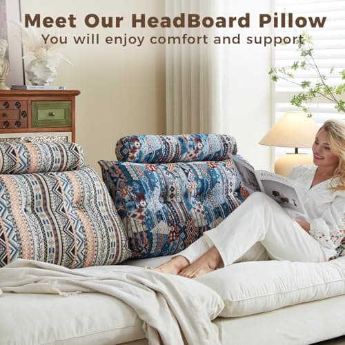 ZERALIVEN Boho Headboard Pillow for Twin XL, Large Triangular Wedge Pillow for Headboard Gap, Daybed for Sitting Up in Bed, Couch or Sofa with Removable Washable Cover and Side Pockets, Sky Bloom - Thumbnail 5