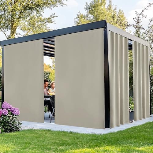 NICETOWN 2 Panels Outdoor Curtains for Patio Waterproof, Peel/Stick Top & Back Tab Bottom Drapes with Free Rope for Wind Blocking, Privacy Sun Shades for Gazebo/Deck, W66 x L90 in, Natural - Image 1
