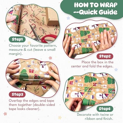 Homelyhi Christmas Wrapping Paper Rolls, 3 Rolls Recyclable Kraft Holiday Xmas Gift Wrap Reversible Prints with 6 Patterns, Santa, Rustic Red Trucks, Tree, Snowflake, Candy Cane, 17 Inch x 9.8 Feet - Thumbnail 6