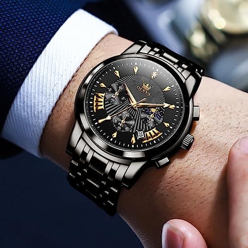 OLEVS Watch Men Black Watches for Men Chronograph Stainless Steel Mens Watches Big Face Classic Luxury Men's Wrist Watch with Date Luminous Waterproof Dress Analog Quartz Relojes para Hombres - Thumbnail 2