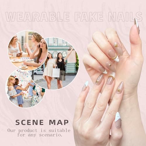 Handmade Press On Nails Medium Almond Shape - 3D Gold Metallic Embellished White French Manicure False Nails ， Minimalist Design | Salon Quality Reusable Fake Nails(10PCS-M) - Thumbnail 4