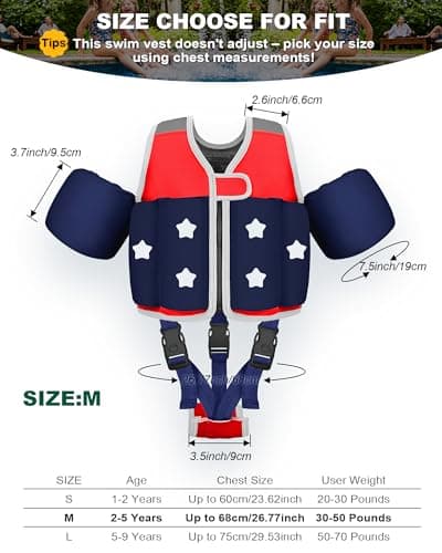 AEOCOO Kids Pool Floaties 1-2-3-5-7-9 Years Old, Toddler Swim Vest 20-30-50-70 Pounds, Comfortable Extended Wear Kids Float Jacket with Crotch Strap, Bright Design and Unpadded Sides, Red - Thumbnail 4