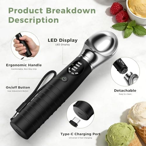 Beyn Heated Ice Cream Scoop with Removable Head, 4 Adjustable Temperature Settings & LED Display, Easy to Clean, Perfect for Hard Ice Cream and Frozen Yogurt - Thumbnail 5