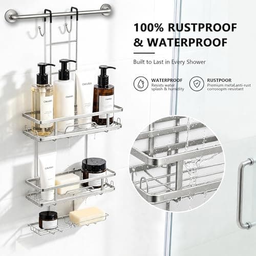 OMAIRA Over The Door Shower Caddy, 3-Tier Hanging Shower Organizer with 8 Hooks & Soap Holder, Height-Adjustable Rustproof Bathroom Shelf for Shower Door, No Drilling Storage Rack, Sliver - Thumbnail 2