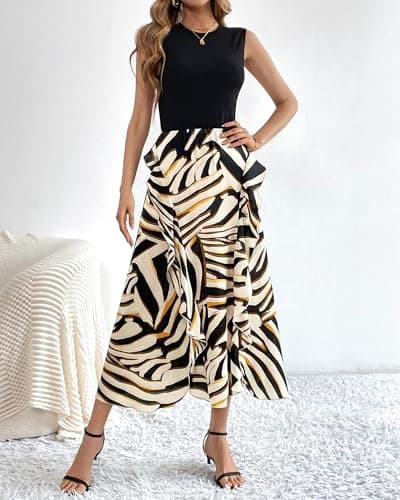 BTFBM Women Casual Sleeveless Summer Dresses 2026 Spring Crewneck Patchwork Boho Floral Ruffle Cocktail Party Midi Dress(Striped, XX-Large) - Thumbnail 2