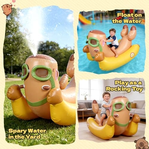 Capybara 72'' Pool Float for Kids with Sprinkler, Inflatable Pool Float, 3-in-1 Water Toy Pool Raft & Rocking Rider, Summer Outdoor Water Toys for Yard, Pool & Beach - Thumbnail 3