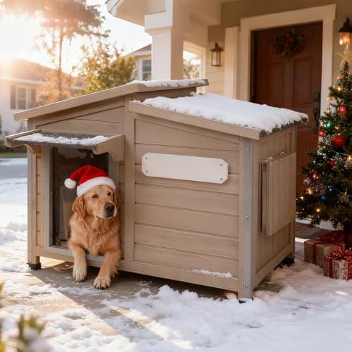 Outdoor Dog House Waterproof for Small to Medium Dogs Breeds with Openable Asphalt Roof, Anti-Chewing Iron Frame, Window, Weatherproof Indoor Outside (43.5" LX 29.5" WX 33.5" H)