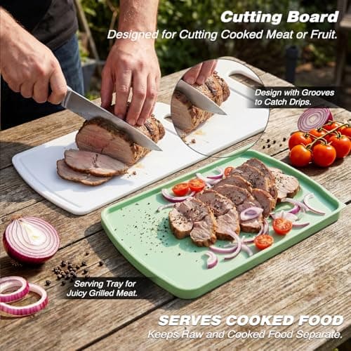 Sunmei Grill Prep and Serving Trays, 3-in-1 Stackable BBQ Food Tray, 5PCS BBQ Serving Set with Marinating Container, Serving Platter, Cutting Board and 2PCS Colored 12-Inch Grill Tongs (Green) - Thumbnail 4