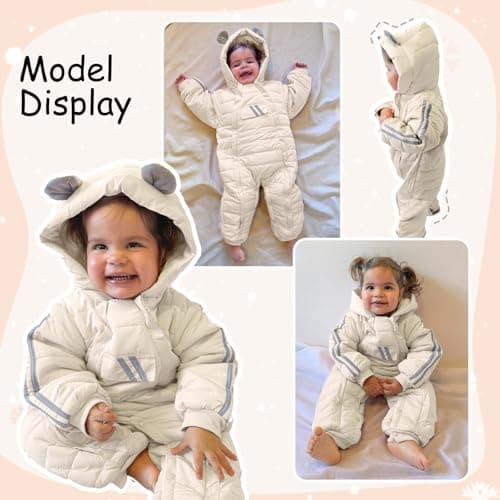 JiAmy Baby Snowsuit Baby Bear Hooded Winter Outfit Double Girl Boy Zipper Winter Clothes Romper White 3-6 Months - Thumbnail 4