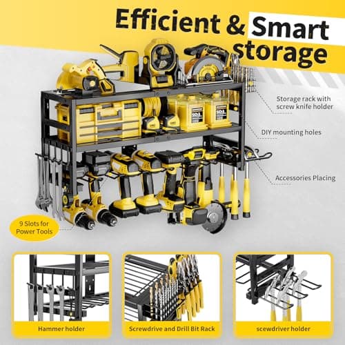 SEENWUUN Power Tool Organizer Wall Mount Heavy Duty 320 lbs, 3 Layers Storage Rack with 9 Drill Holders & Battery Storage, cordless tool organizer for Garage, Workshop & Tool Room - Thumbnail 4