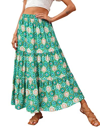 KIRUNDO Maxi Skirts for Women 2026 Summer Boho Floral High Waist Casual Flowy Long Skirt Beach Vacation Cruise Resort Wear(Green Geometry, X-Small) - Image 1
