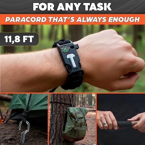 Paracord Bracelets for Men and Women – Adjustable Survival Paracord Bracelet with 11.8 ft Nylon Cord, Flint Fire Starter, Compass, Whistle & Scraper – Camping, Hiking, Fishing Gear (Black & Orange) - Thumbnail 6