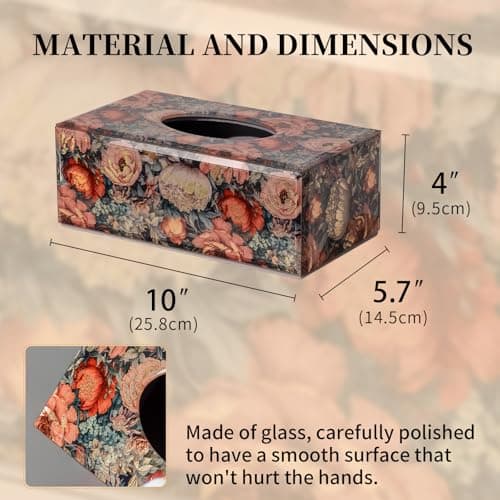 Timetrace Glass Tissue Box Cover Rectangle-Floral Pattern Luxury Tissue Holder with Magnetic Closure for Home Decor, Living Room, Bedroom, Kitchen, Office - Thumbnail 2