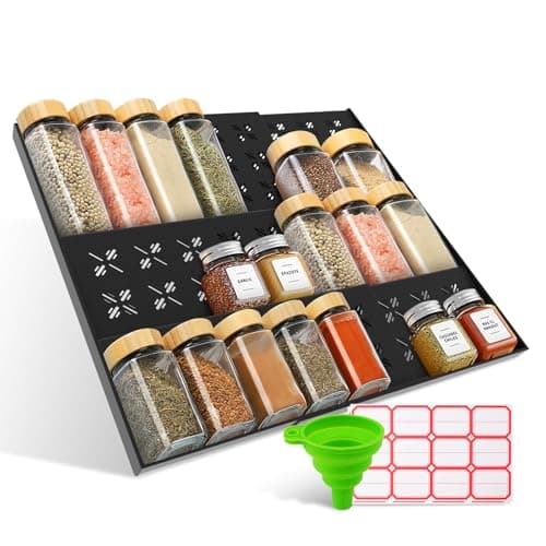 DIOLOVE 2-Pack Expandable Spice Drawer Organizer (11"-22"), 3-Tier Angled Seasoning Rack for Kitchen, Sturdy Vented Insert with Labels & Funnel, Fits Standard & Biger Spice Jars (Jars Not Included)