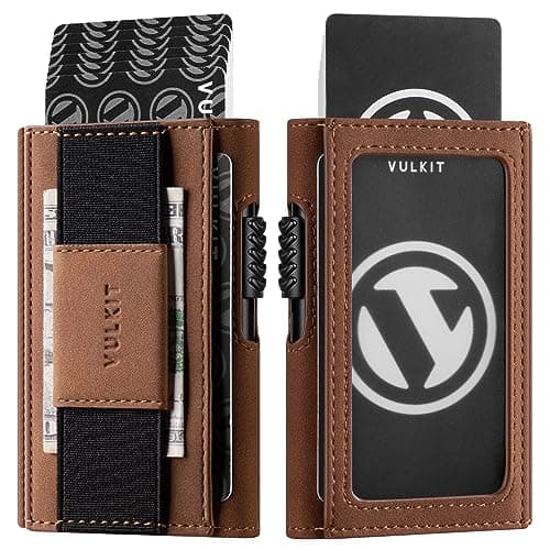 VULKIT Mens Minimalist Wallet for Max. 8 Cards with Pop-Up Credit Card Ejector RFID Blocking, ID Window and Elastic Strap for Bills or Keyring, Gift Box Packed, Brown - Image 1