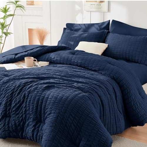 HYMOKEGE Navy Blue Queen Comforter Set Seersucker 7 Pieces, All Season Luxury Bed in a Bag for Bedroom, Bedding Set with Comforters, Sheets, Pillowcases & Shams - Image 1