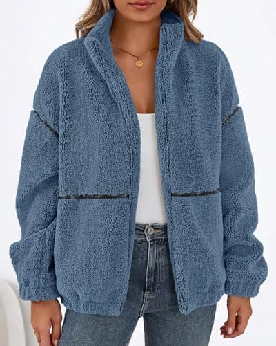 KIRUNDO Sherpa Jacket Women Fleece Oversized Zip Up Winter Coats Fall Jackets Faux Fur Warm Outwear 2026 Fashion Clothing(Dusty Blue, Large) - Thumbnail 3