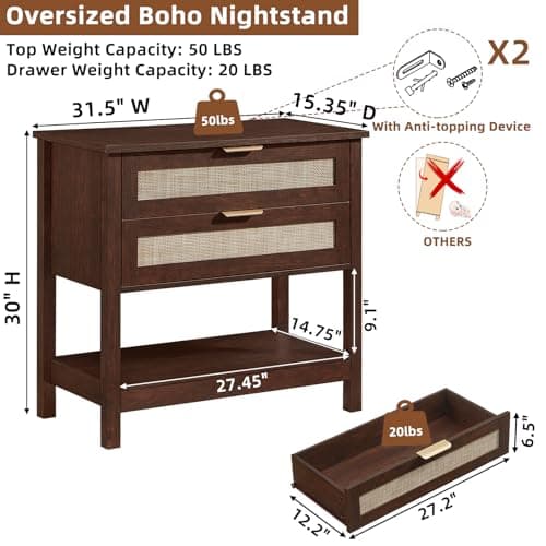 LEYAOYAO 31.5" Wide Rattan Night Stand, Oversized Large Walnut Nightstand with 2 Drawer, Boho Bed Side End Tables with Storage Shelf, Tall Bedside Table for Bedroom Living Room, Hallway - Thumbnail 2