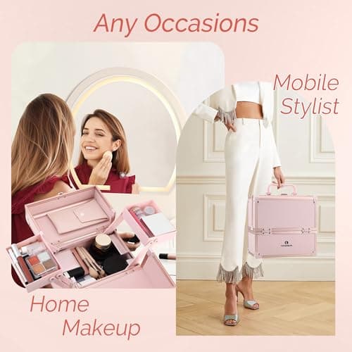 CHUANGJIN Makeup Train Case 2 Trays Makeup Box Organizer Portable Travel Makeup Case Lockable Makeup Storage Organizer Cosmetic Box for Jewelry Nail Tech Brushes Accessories Tool, Pink - Thumbnail 5