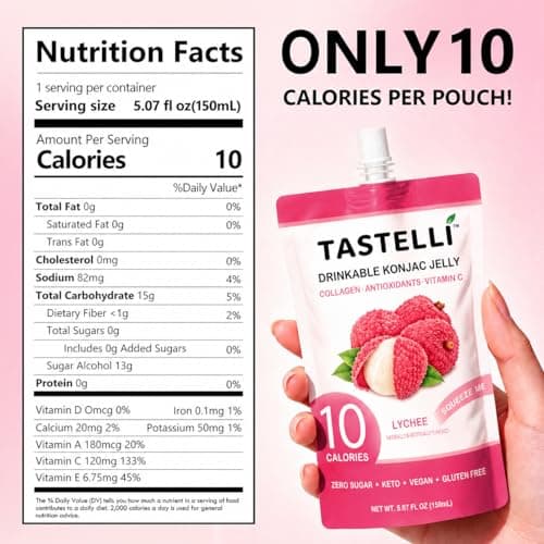 Tastelli Konjac Jelly Infused with Collagen & Vitamin C | Gluten Free, Sugar Free, Low Calorie | Vegan Drinkable Fruit Jelly Snack | Lychee | 150mL x 10 Pouches - Thumbnail 6