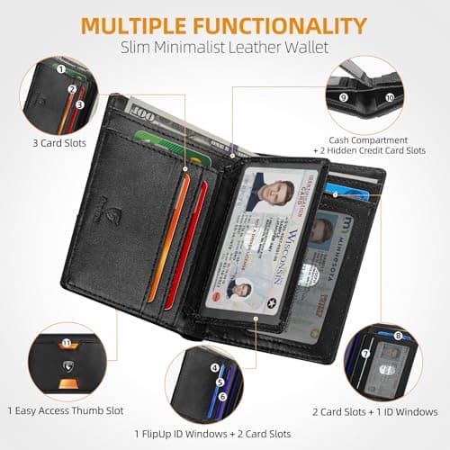 GSOIAX Wallet for Men, Slim Top Grain Leather Wallet with 13 Card Slots & 1 Bill Compartment - RFID Blocking Thin Minimalist Bifold, Front Pocket Credit Card Holder, Mens Birthday Gift (BLACK) - Thumbnail 4