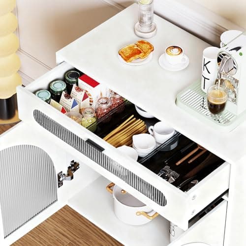 ALWXIA Sideboard Buffet Cabinet with Storage, 31.5” Farmhouse Curved Design Accent Cabinet with Acrylic Doors & Adjustable Shelves, Modern Coffee Bar (Sideboard W/Drawers_White, 1Pc) - Thumbnail 4