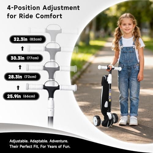 Nattork Kids Scooter for Age 3-5, Toddler Scooter with 4 Adjustable Height for Boys & Girls, Light Up 3-Wheels Foldable Kick Scoote, Lean to Steer, 120LB Weight Capacity Age 5-8 Black&White - Thumbnail 2