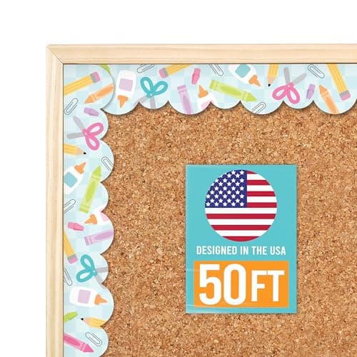 50ft Bulletin Board Borders Trim - Classroom Borders for Bulletin Board Decorations, Teacher Supplies for Classroom Decor Preschool, Kindergarten & Elementary, Pastel Scalloped Boarders