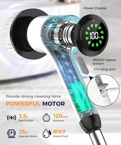 Lichffy Electric Spin Scrubber, Cordless Cleaning Brush with 7 Replaceable Brush Heads, 2-Speed Adjustable Handle Shower Scrubber, IPX7 Waterproof for Bathroom, Tub, Tile & Floor, Teens, White-qb1... - Thumbnail 3