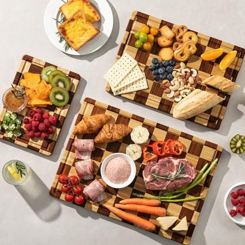 3 Pack Checkered Bamboo Cutting Board Set, Decorative End Grain Thick Wood Cutting Board, Crack-Resistant, Heavy Duty Non-slip Chopping Boards, Aesthetic Serving Trays for Home Decor, Gift - Thumbnail 2