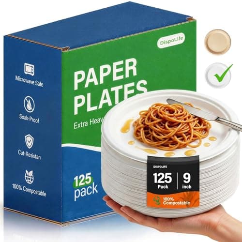 Compostable Paper Plates: 9 Inch 125 Pack Microwave-Safe Heavy Duty Disposable Plates - Eco Friendly Uncoated Paper Plates Bagasse Biodegradable for - Outdoor Birthday Parties Sugarcane Fiber - White - Image 1