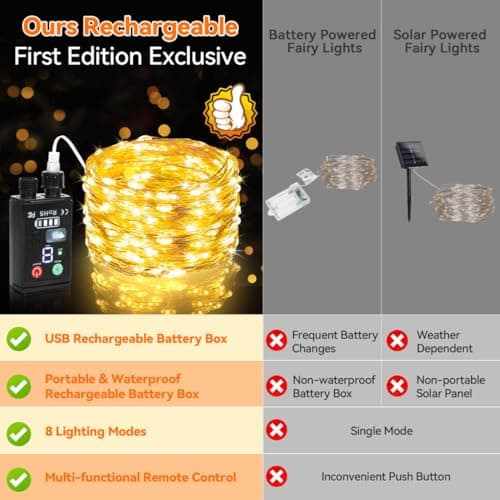 Lakumu 2-in-1 Rechargeable Fairy Lights, 66FT 200 LED Warm White String Lights with Remote & Timer, Waterproof Battery Operated Twinkle Lights for Indoor Outdoor Bedroom Camping Christmas Decorations - Thumbnail 3