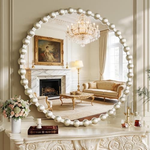 WISSMIELS Round Vanity Wall Mirror, 36 Inch Beaded Frame Circle Mirror for Bathroom, Bedroom Dresser, Entryway, Living Room, Decorative Hanging Wall Mirror, Silver - Thumbnail 6