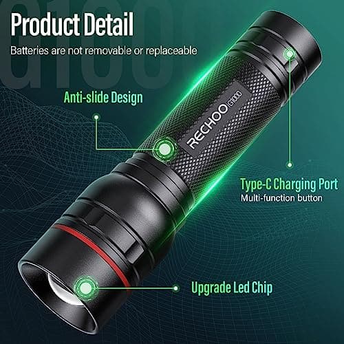 RECHOO Rechargeable Flashlights High Lumens, 2 Pack G1000 Super Bright Flash Light, Small Led Tactical Flashlight with 3 Lighting Modes, Portable Flashlights for Camping Home (Battery Included) - Thumbnail 4