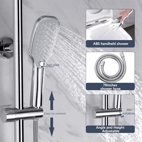 Rain Shower System with Shelf, 12 Inch Rain Shower Head Set with Hand Shower Head, SonTiy Dual Shower Combo with Height Adjustable Holder, Brass Valve, Chrome - Thumbnail 3