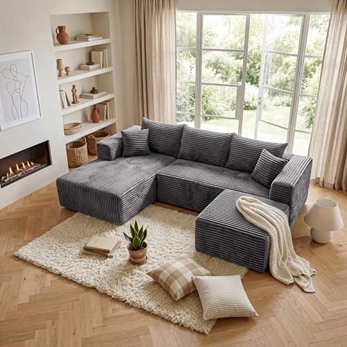 BSHOMGI 92.5'' U-Shaped Boneless Couches, Comfy Corduroy 3 Seaters Sofas with Ottoman, Modern High Back Sectional Sofa for Living Room with Oversized Chaise Deep Seat Sofa, No Assembly Needed - Image 1
