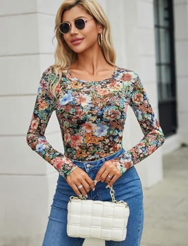 Avidlove Floral Mesh Top Mesh Shirt Women Long Sleeve Blouses for Women Rave Top Going Out Outfits Colorful Floral M - Thumbnail 2