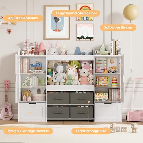 VortinT 61"W Toy Storage Organizer, Kids Bookshelf with 122L Stuffed Animal Storage, 2 Magnetic Drawing Boards, 2 Movable Toy Boxes and 4 Fabric Bins, Wooden Shelf for Kids Room/Playroom/Living Room - Thumbnail 2