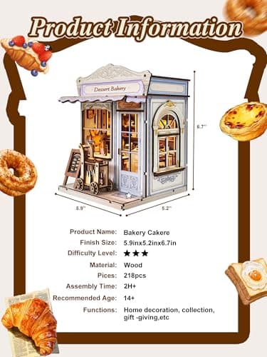 Book Nook Kit - DIY Miniature House Bakery Patisserie Dollhouse Kit for Adults and Teens, Booknook Tiny House Bakery Shop Bookshelf Decor 3D Wooden Puzzle, Gifts for Family, Friends (with Glue) - Thumbnail 5