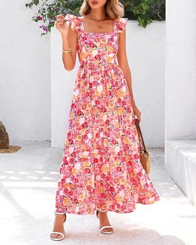 dowerme Summer Dresses for Women 2026 Casual Ruffle Smocked Tiered A-Line Boho Floral Maxi Beach Sun Dress with Pockets(Light Apricot Pink Flower,Small) - Thumbnail 2
