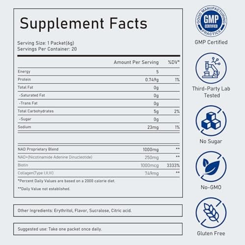 DSDD Biotin Supplement for Supports Healthy Hair, Skin & Nails, Hair Growth Vitamins for Women & Men with 1000mcg Biotin, 1000mg NAD, Collagen, Sodium, Non-GMO & No Gluten 20 Servings - Thumbnail 6